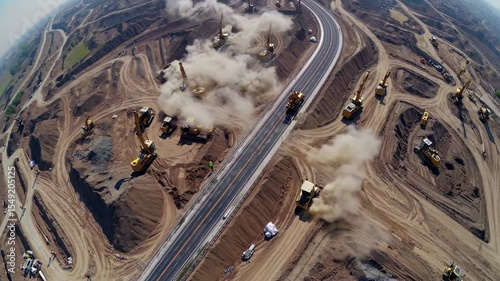 Construction workers detonate explosives during highway construction, generating a large dust cloud