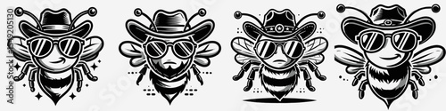 Bee. Cowboy Western American Cartoon Animal Clipart Line Art Vector Illustration. Honey maker a vital bug pollinator important for nature and agriculture.