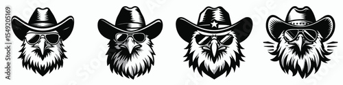 Bald Eagle. Cowboy Western American Cartoon Animal Clipart Line Art Vector Illustration. emblem a wild soaring raptor predator and avian hunter.