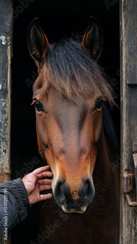 Horse with dark mane looking out of stall, man caressing its muzzle. Suitable for articles about animals, farm life, horse care.