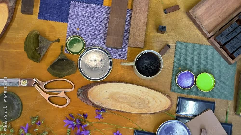 Top-down view of a woman creating a mood board in blue and green tones with forest plant inspiration — moss, ferns, and pine. Natural textures, fabric swatches, paint samples, and soft daylight create