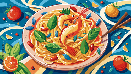 Colorful illustration of shrimp pasta with tomatoes, basil leaves, berries, and chopsticks on a vibrant abstract background