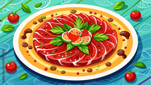 Illustration of red tuna carpaccio with herbs, citrus slices, cherry tomatoes, and truffle anchovy sauce on a yellow plate with a colorful background