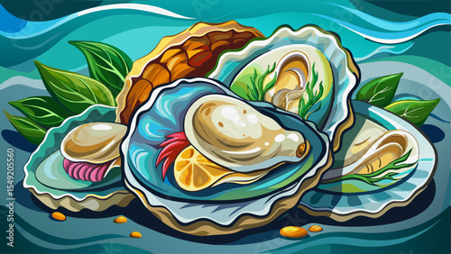 Illustration of assorted oysters with lemon slices, seaweed, and colorful shells on an ocean-themed background