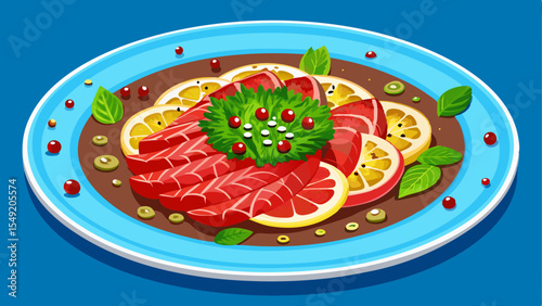 Illustration of red tuna carpaccio with lemon slices, herbs, berries, and truffle anchovy sauce on a blue plate with decorative elements
