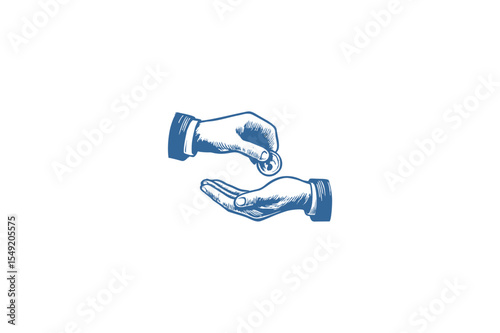 Giving Hand Donation Illustration: Charity, Support,  Financial Aid Depicted in a Blue Vintage Style Graphic