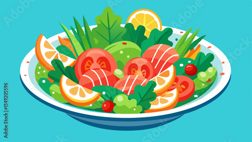 Illustration of a fresh salad with salmon slices, citrus wedges, tomatoes, greens, and vegetables on a white plate with a blue background