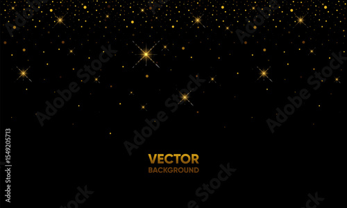 Abstract black background with golden glitters. Vector illustration of gold glittering black background with particles. Minimalist decoration background. Background design for birthday and celebration