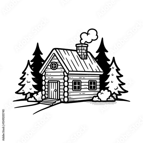 Wooden house in pine forest with path and smoke chimney – Vector Illustration