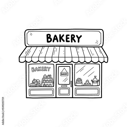 Bakery shop hand-drawn facade with cakes and bread – Vector Illustration