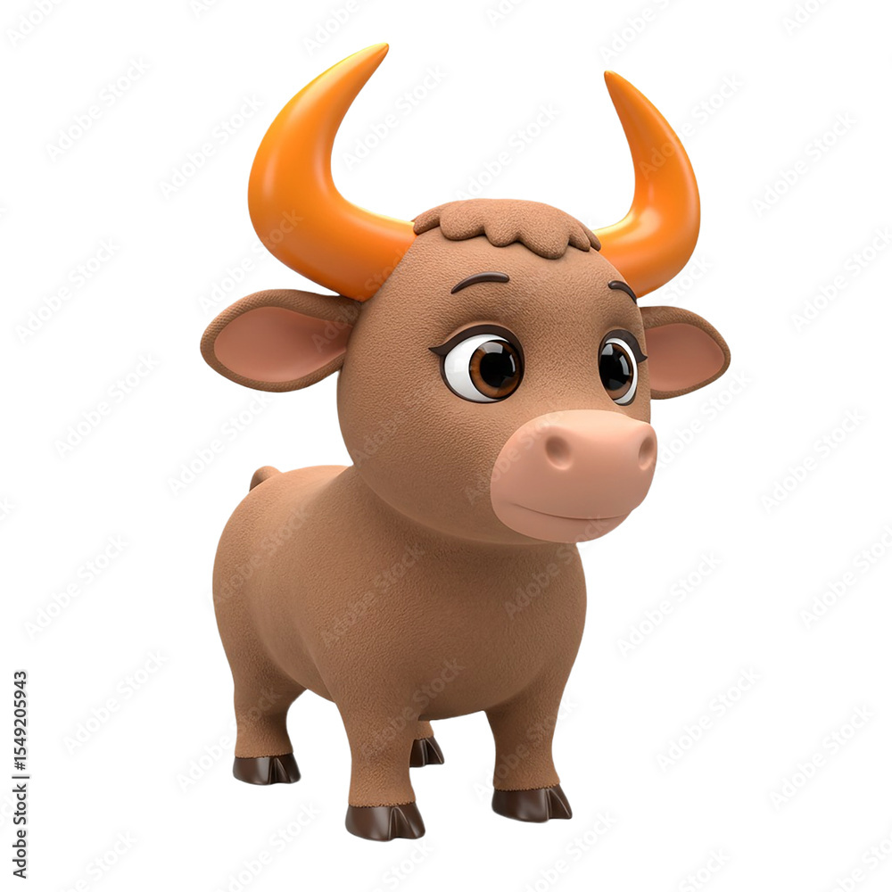 Obraz premium Cartoon Bull Illustration Cute Brown Cow with Orange Horns