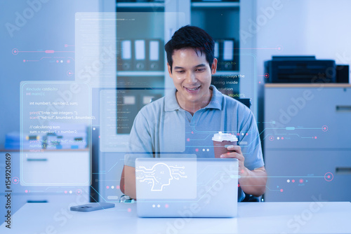 Artificial Intelligence technology. Man using a smartphone and laptop computer chatting with an intelligent artificial intelligence.
