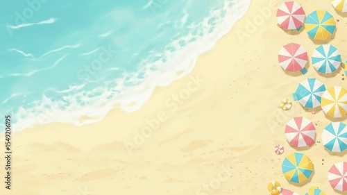 Overhead view of a colorful beach scene with umbrellas and waves