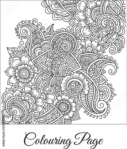 Abstract Floral Paisley Pattern Coloring Page, Henna Style Flower Mandala Outline