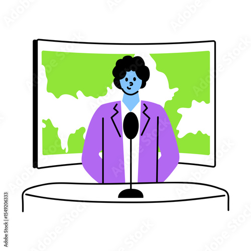 A flat style illustration showing news anchor 
