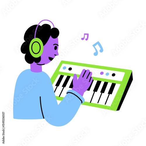 A flat style illustration showing musician playing songs 
