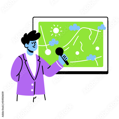 A flat style illustration of a person showing weather forecaster 
