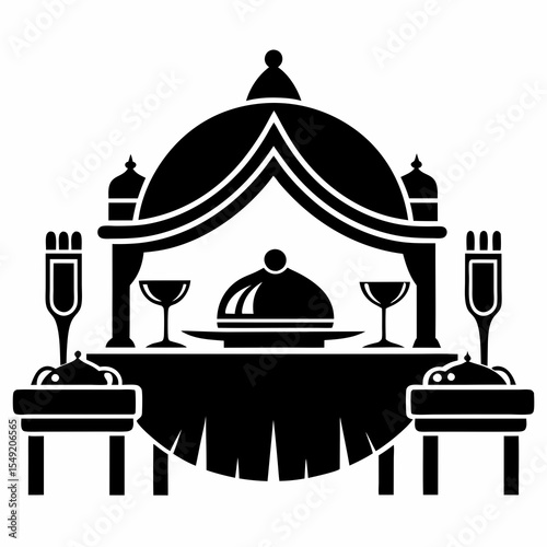 Formal dinner table isolated on white background in black and white