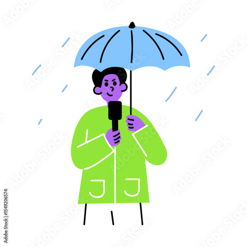 Flat style illustration showing a news reporter holding an umbrella 
