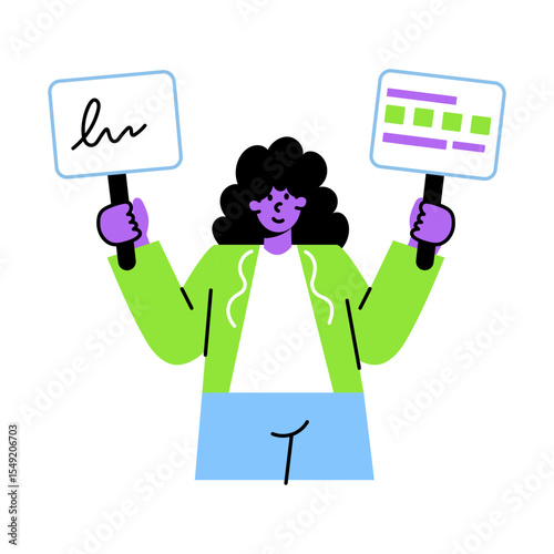 A female character doing a protest, flat style illustration 
