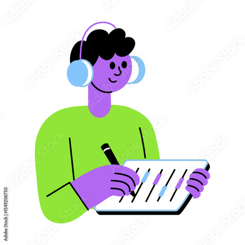 Flat style illustration showing music editing expert 