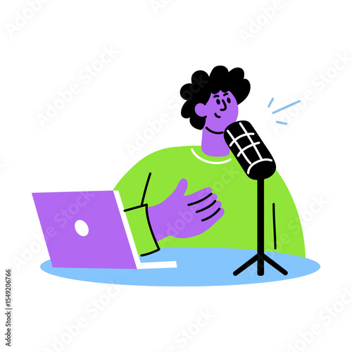 A flat style illustration showing podcast recording character 