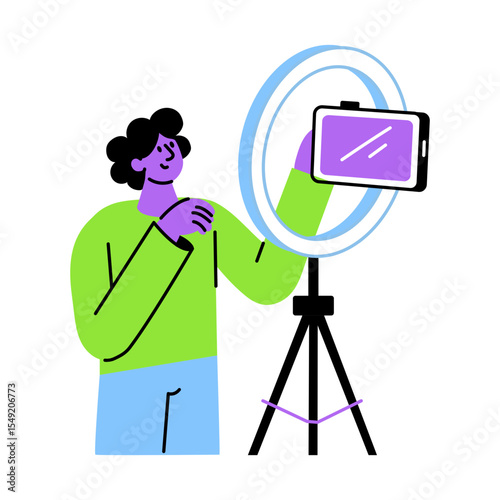 A character holding vlogging light, flat style illustration 
