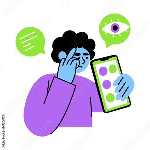 Flat style illustration showing a media addict character 
