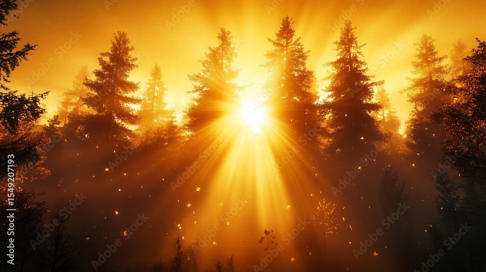 Naklejka premium An orange sun bursts through the forest, casting a fiery glow across the field with bright, textured rays