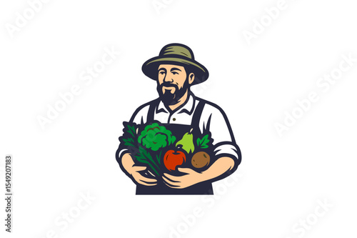 Happy Farmer Holding Fresh Harvest: A Colorful  Organic Food Icon