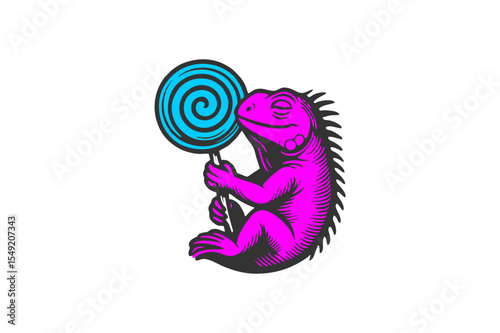 Quirky Iguana Hugging a Swirly Lollipop - Vibrant Vector Art