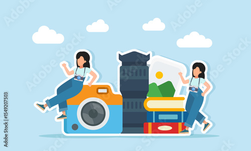two photographers around camera lens book stacks and photo gallery album illustration of improving literacy in photography skills and industry development