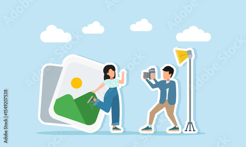 male photographer doing photo session with female near photo gallery album illustration of stock photo model for advertising or commercial purpose