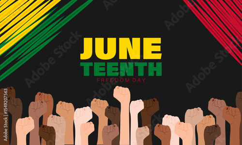 Juneteenth celebration design featuring bold colors, raised fists, and symbolic elements of freedom, resilience, and Black heritage. Perfect for honoring liberation and unity.