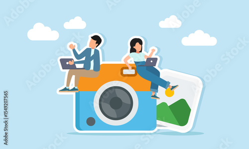 two photographers editing on camera near photo gallery album illustration of professional photo editing for commercial purpose