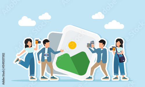 several photographers gathering near photo gallery album illustration of sharing session about photography knowledge development