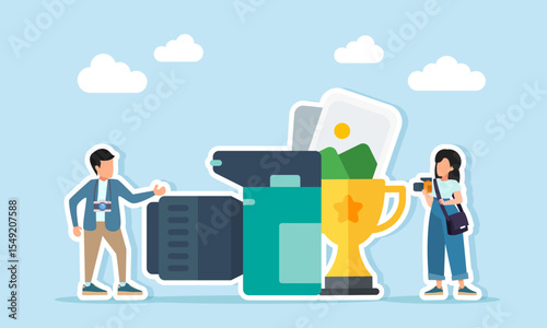 male and female photographers near camera trophy and photo gallery album illustration of photography contest winner
