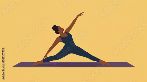 A woman poses on a yoga mat, focused on her exercise