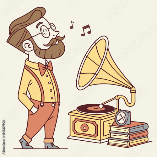 Dapper Gentleman Listening to Music on a Vintage Gramophone a Nostalgic Scene of Musical Enjoyment and Retro Aesthetics