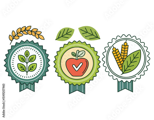 Organic Food Badges Apple, Wheat, Corn - Eco-Friendly Vector Illustration