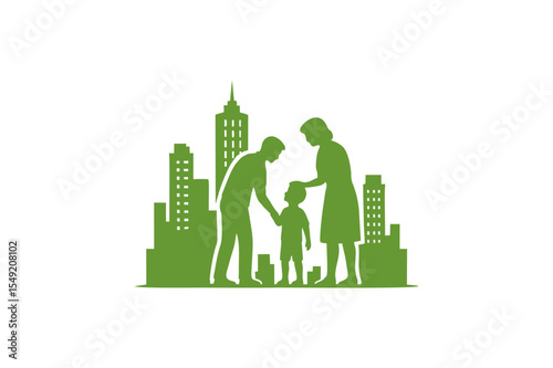Green City Family Icon: Silhouette of a Parent Couple with Their Child in a Cityscape