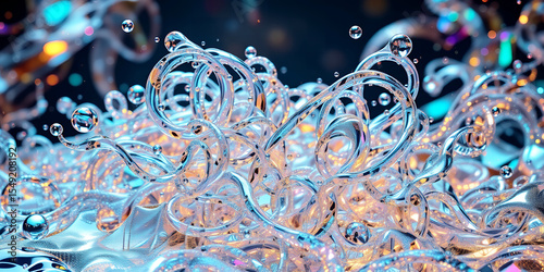 Close up of abstract clear liquid shapes with bubbles and colorful reflections light