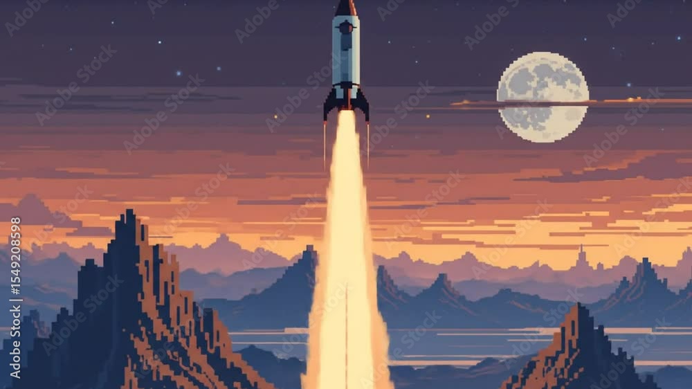 Classic Sci-Fi Rocket Launch Over Pixel Mountains at Night. 4k video