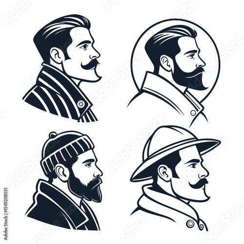Monochrome Men Profiles with Varying Facial Hair and Headwear Embodying Vintage and Outdoorsy Themes