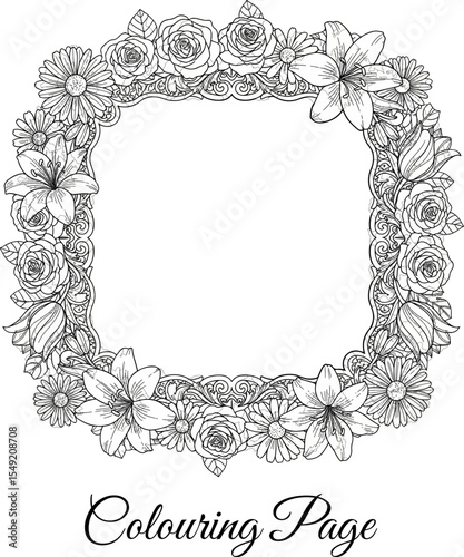  Floral Frame Outline Coloring Page, Botanical Wreath Design for Adult Coloring