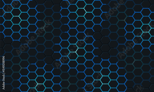 Dark hexagon abstract technology background with blue and pink colored bright flashes under hexagon. Hexagonal gaming vector abstract tech background.