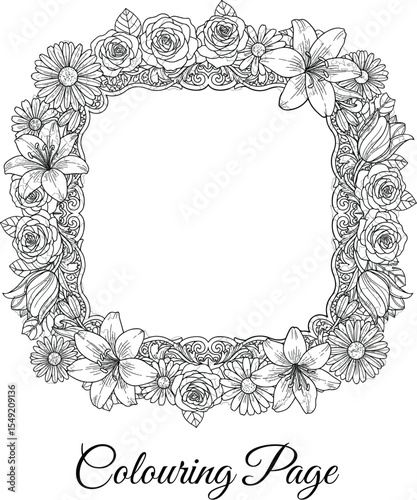  Floral Frame Outline Coloring Page, Botanical Wreath Design for Adult Coloring