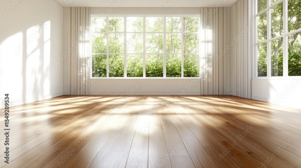 Fototapeta premium An inviting room featuring large windows that allow ample natural light to filter in, enhancing the warm wooden floors and creating an inviting atmosphere.