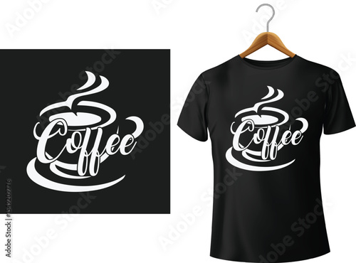 Coffee design showcasing a creative typography logo on a black t-shirt for branding purposes