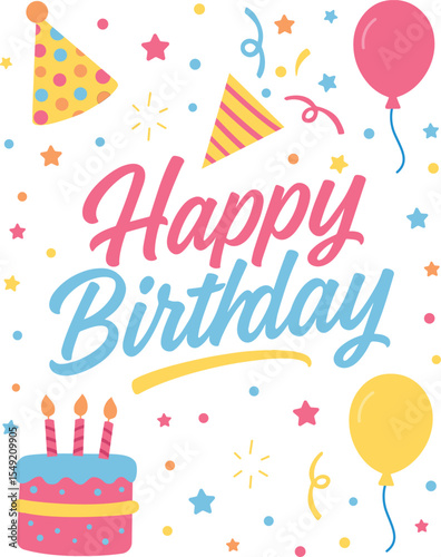Colorful Happy Birthday text illustration, playful concept for party invites, social media, or prints